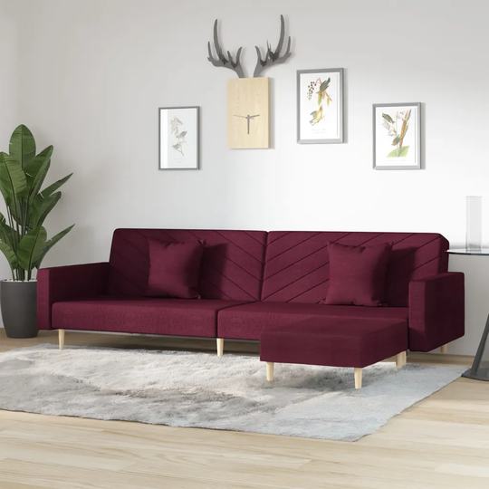 Bäddsoffa 2-sits med två kuddar och fotpall lila tyg