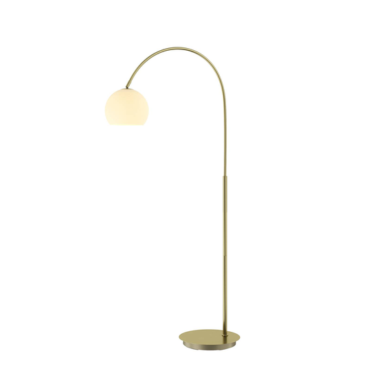 Lindby Cynthia båggolvlampa, glas, matt mässing