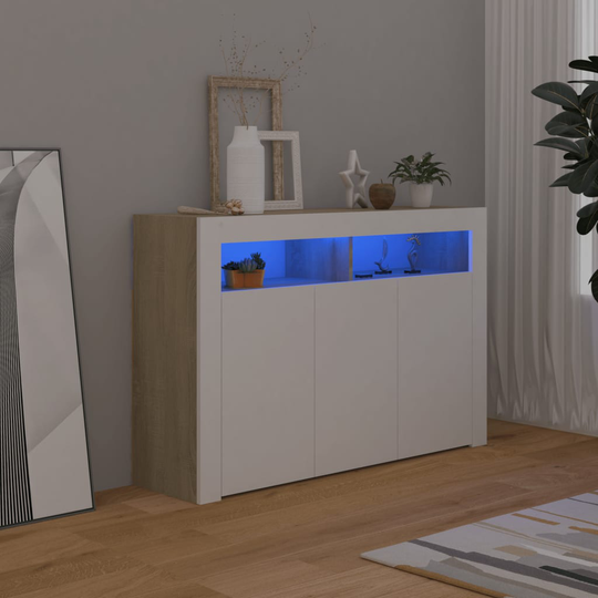 vidaXL Skänk med LED-belysning vit och sonoma-ek 115,5x30x75 cm
