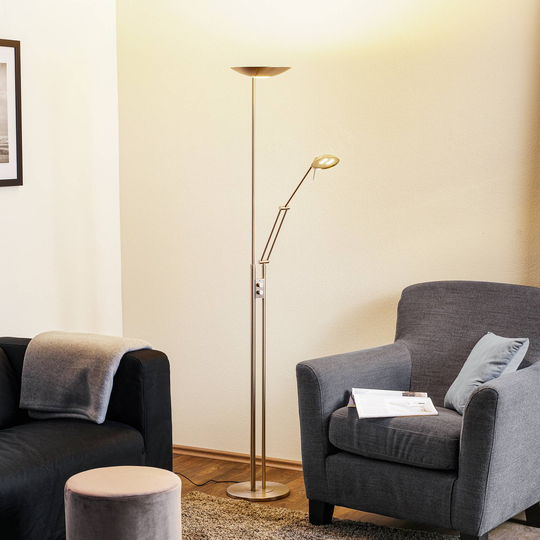 LED-uplight-golvlampan Jona med läsarm matt nickel