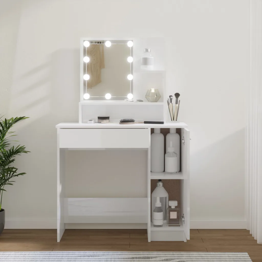 Sminkbord med LED vit högglans 86,5x35x136 cm