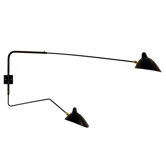 Serge Mouille Applique 2 Vägglampa Svart & Mässing Rak & Böjd