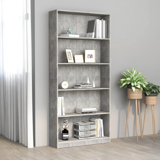 vidaXL Bokhylla 5 hyllor betonggrå 80x24x175 cm konstruerat trä