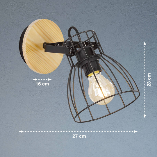 Vägglampa Die med träoptik och burskärm