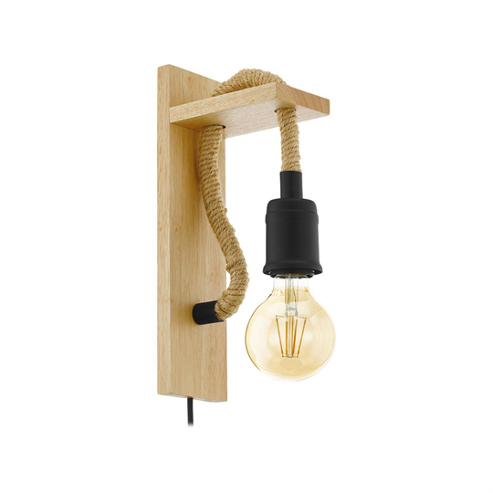 Vägglampa Rampside av trä och rep, utan skärm