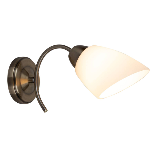Vägglampa Varietta med glasskärm, gammal mässing