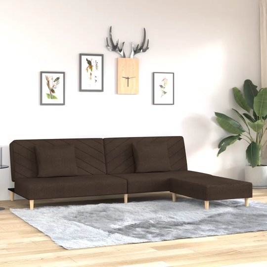 Bäddsoffa 2-sits med två kuddar och fotpall mörkbrun tyg