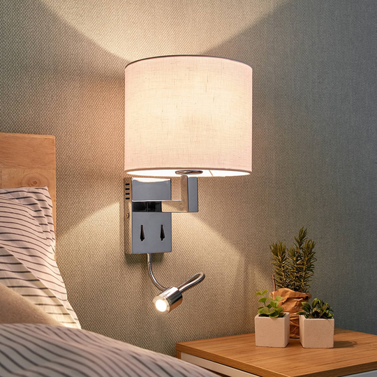 Textilvägglampa Taron med läslampa & strömbrytare