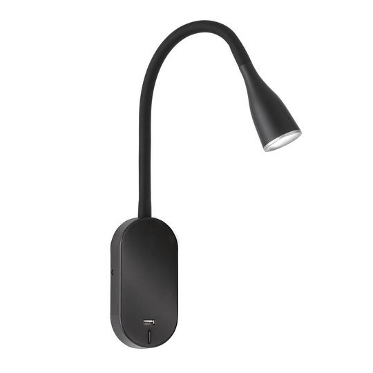 LED-vägglampa Nox, svart, med USB-port