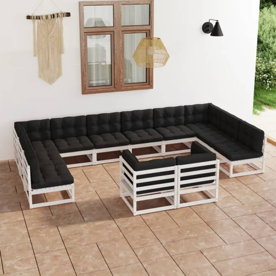 Loungegrupp med dynor 12 delar vit massiv furu