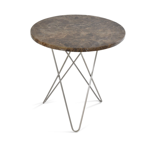 Tall Mini O Table, Stainless Steel Frame, Top: Brown Marble