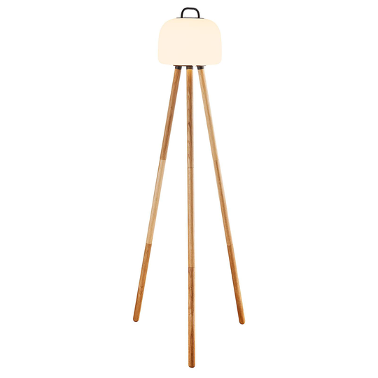 LED-golvlampa Kettle Tripod trä, skärm 22 cm