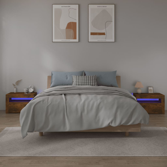 vidaXL Sängbord 2 st med LED-belysning rökfärgad ek 60x35x40 cm