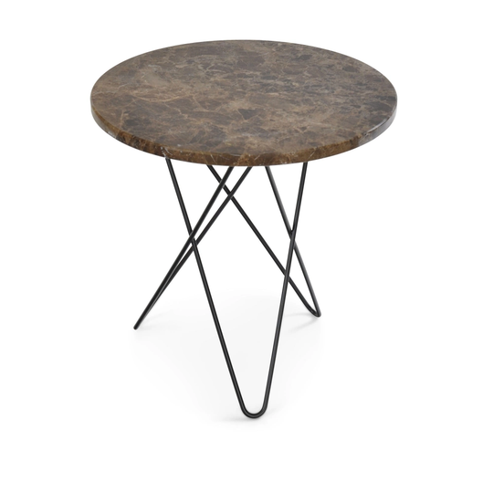Tall Mini O Table, Black Steel Frame, Top: Brown Marble