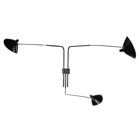Serge Mouille Applique 3 Vägglampa Svart & Mässing Rak