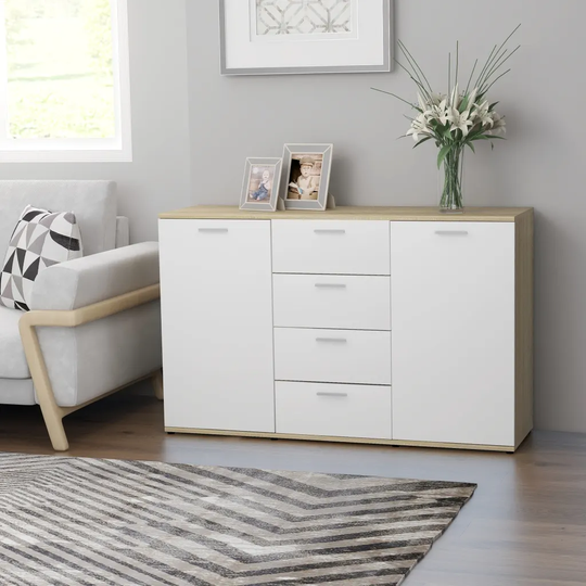 Byrå vit och sonoma-ek 120x35,5x75 cm konstruerat trä