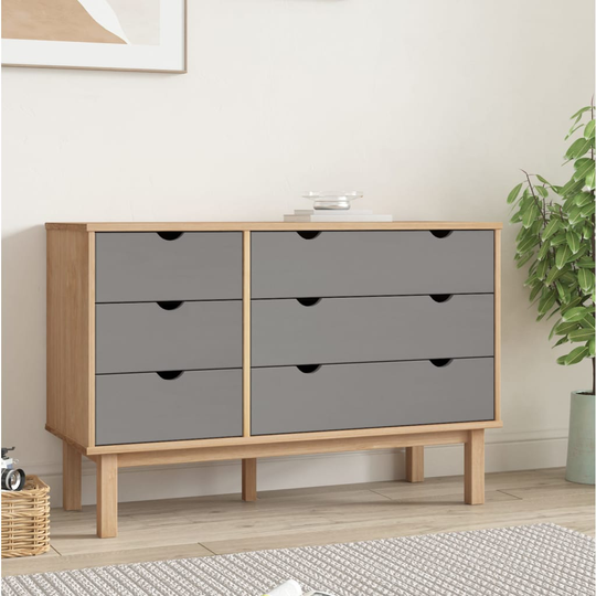 vidaXL Byrå brun och grå 113,5x39,5x73 cm massivt furuträ