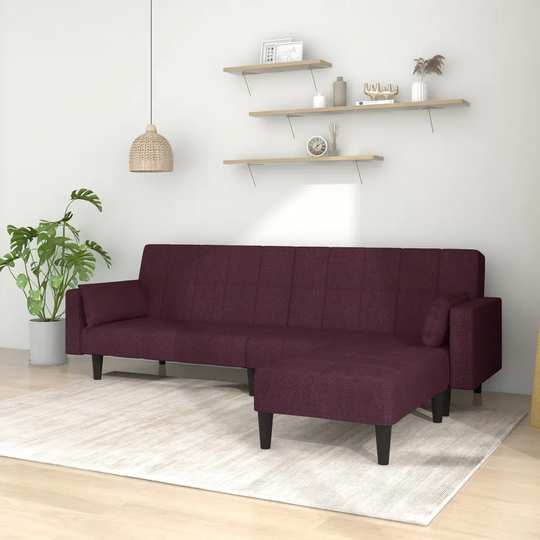 Bäddsoffa 2-sits med två kuddar och fotpall lila tyg
