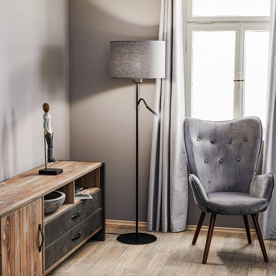 Golvlampa Hotel Plus - grå skärm och läslampa