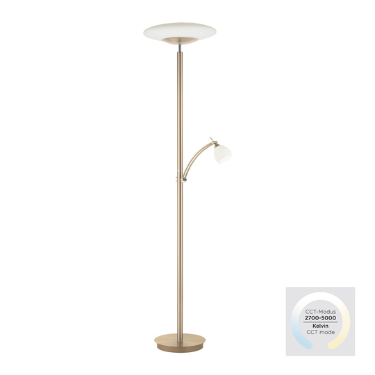 LED-golvlampa Troja med läsararm, dimbar, guld