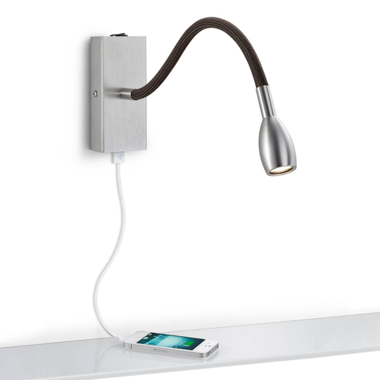 LED-vägglampa Milos nickel med USB-laddning