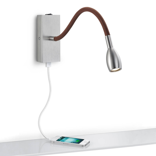 Mattgrå LED-vägglampa Milos med brunt tyg
