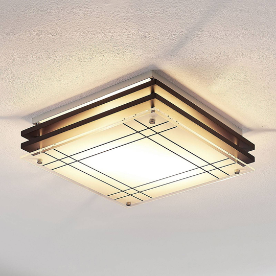 Taklampa Thees i trä, med rutigt glas, 31 cm